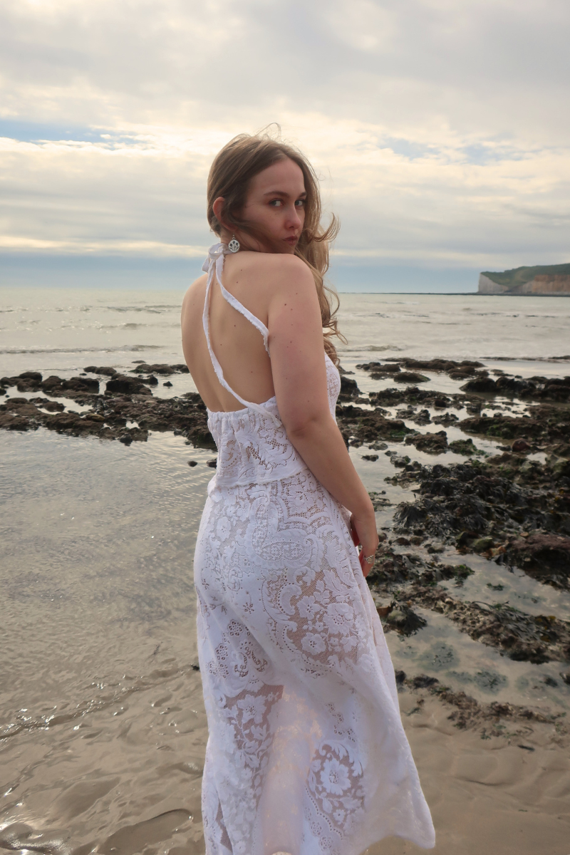 Lily Halter Maxi Dress in Jasmine White Lace - Size M/L