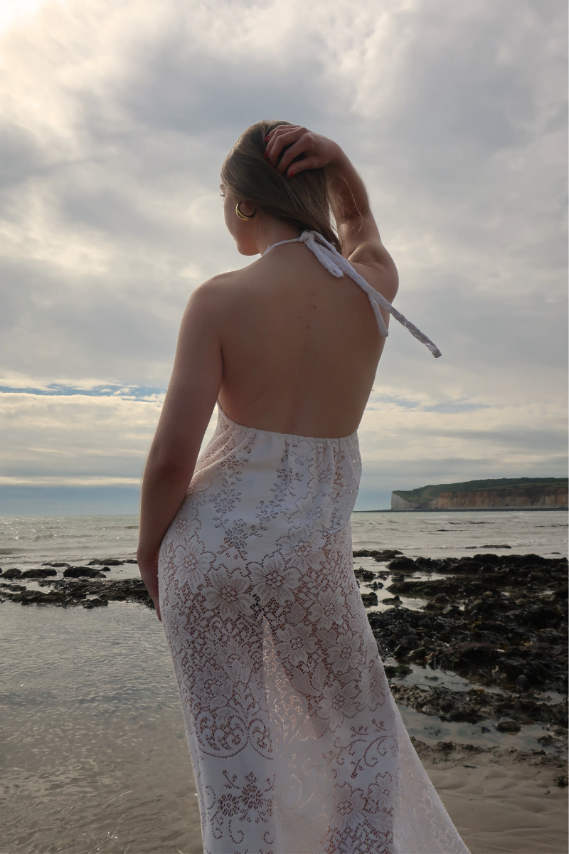 Lily Halter Maxi Dress in Josephine White Lace - Size S