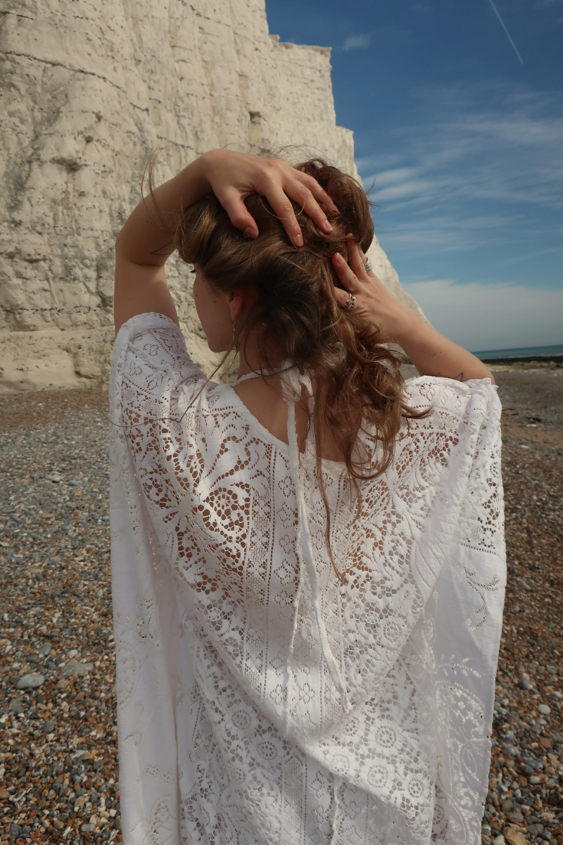 Frida Kaftan Dress in Parisian White Lace - Free Size