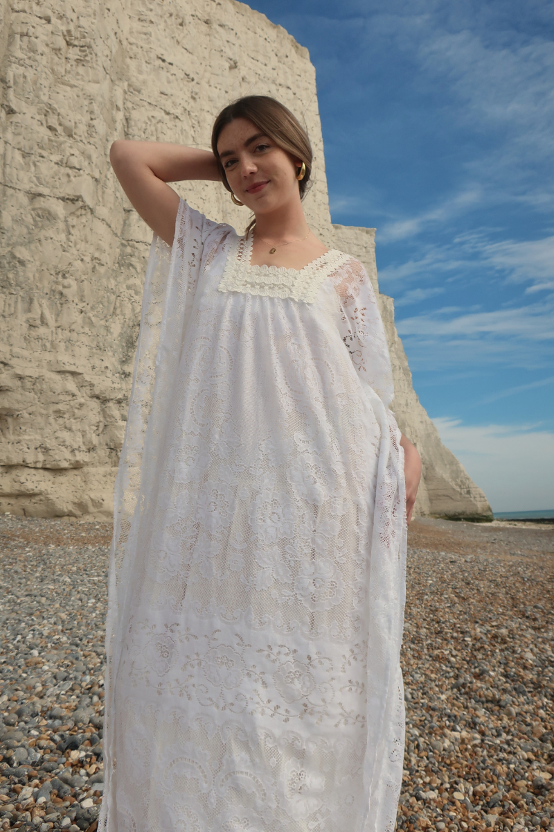 Priscilla Kaftan Dress in Primrose White Lace - Free Size