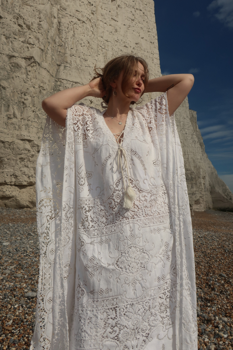 Frida Kaftan Dress in Parisian White Lace - Free Size