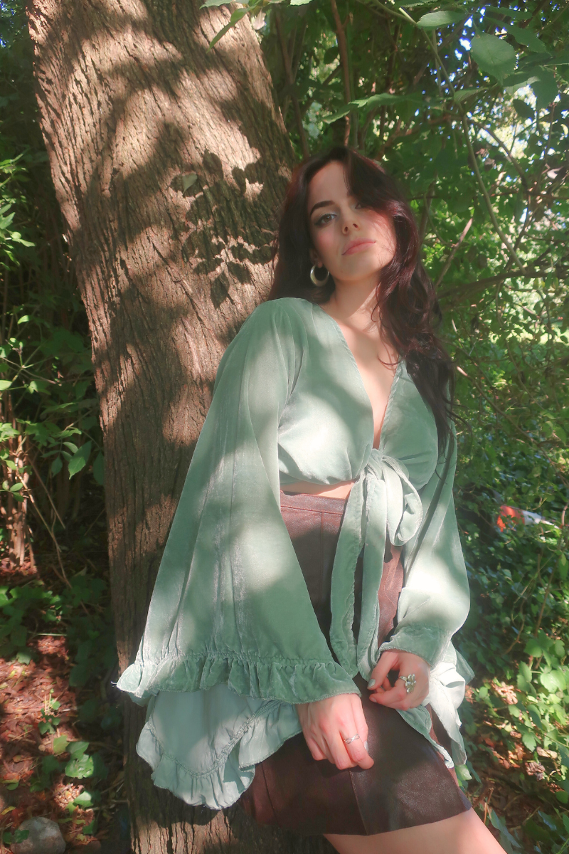 Khroma Venus Wrap Top in Pistachio Green Velvet