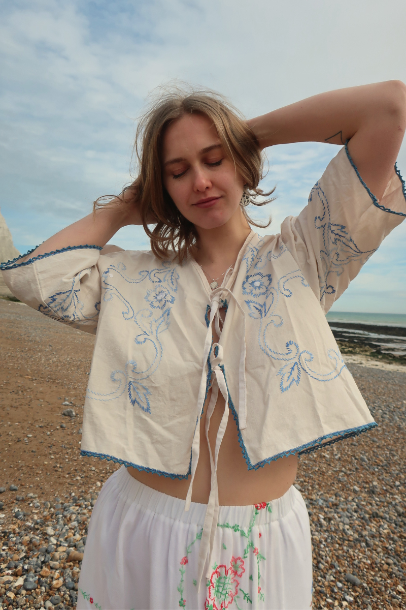 Francesca Vintage Tablecloth Cropped Blouse in Santorini Blue Florals - Free Size