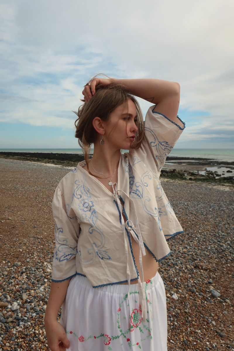 Francesca Vintage Tablecloth Cropped Blouse in Santorini Blue Florals - Free Size