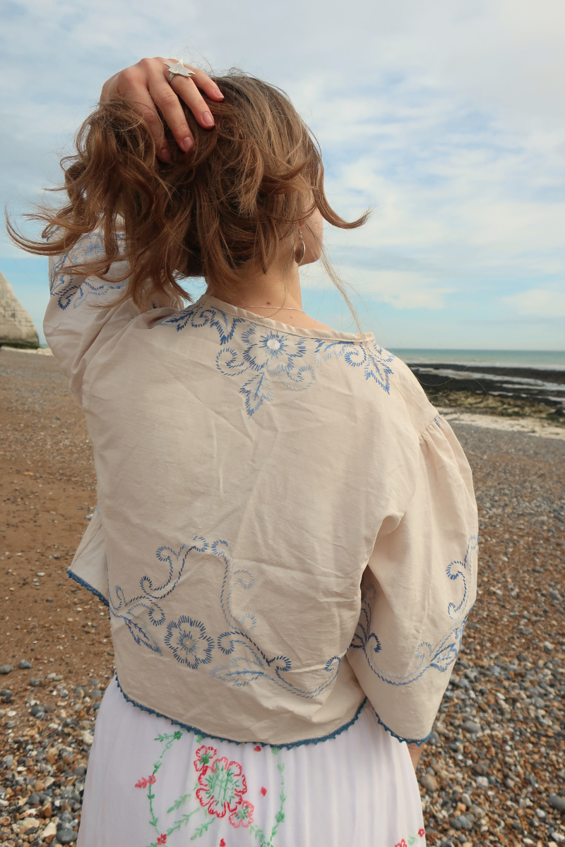 Francesca Vintage Tablecloth Cropped Blouse in Santorini Blue Florals - Free Size