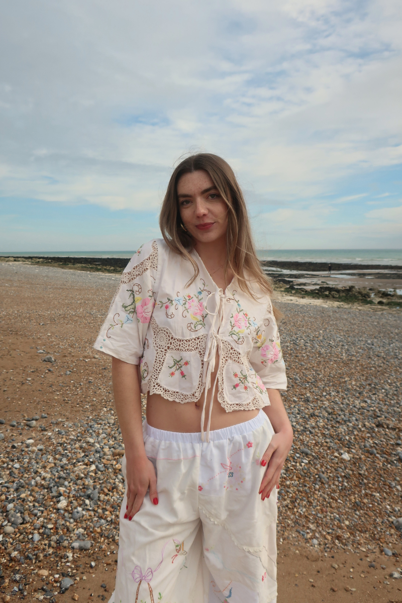 Francesca Vintage Tablecloth Cropped Blouse in Folklore Wildflowers - Free Size