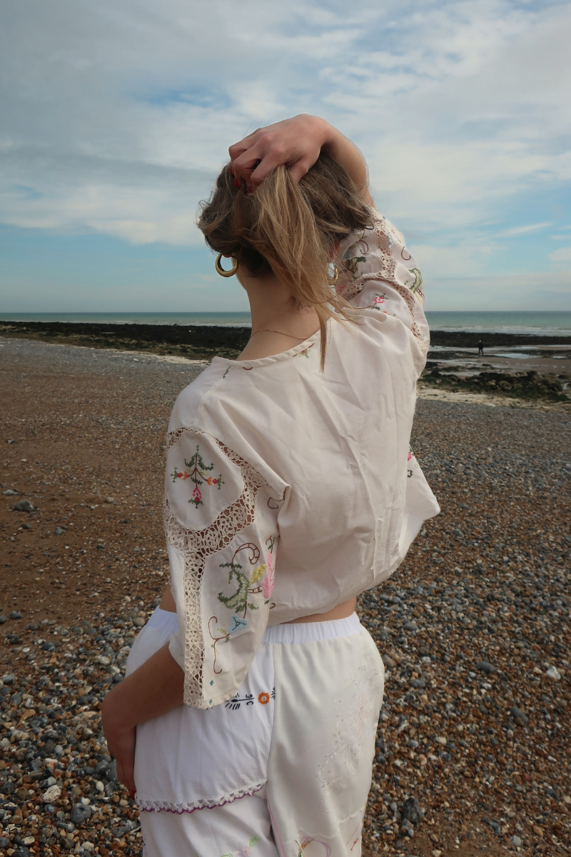 Francesca Vintage Tablecloth Cropped Blouse in Folklore Wildflowers - Free Size