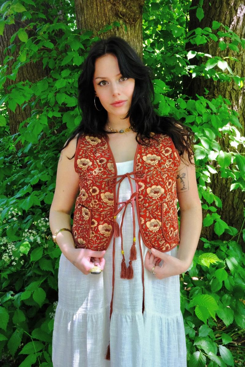 Dixie Quilted Waistcoat Top in Poppy Red Block Print Floral