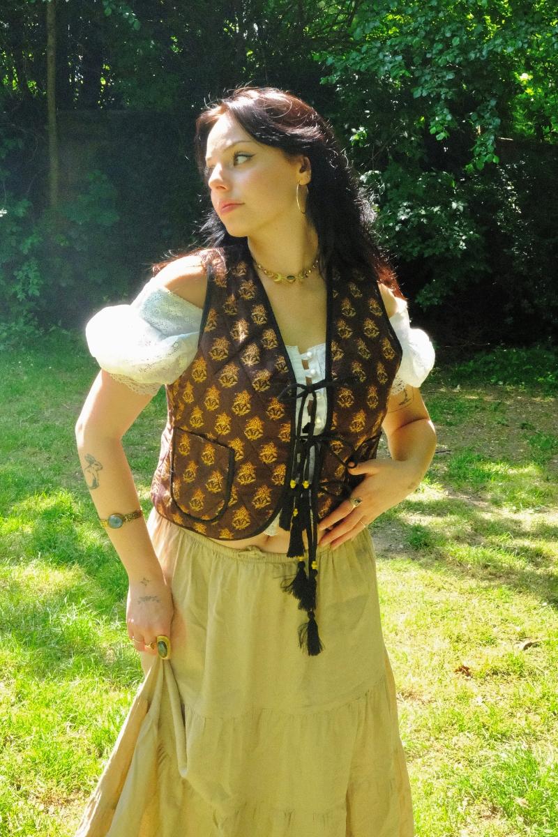 Dixie Quilted Waistcoat Top in Saddle Brown Block Print Floral