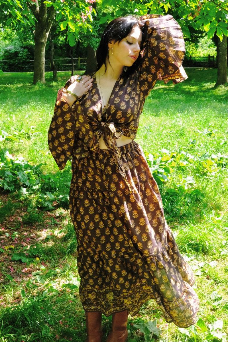 Georgie Button Up Skirt in Saddle Brown Block Print Floral