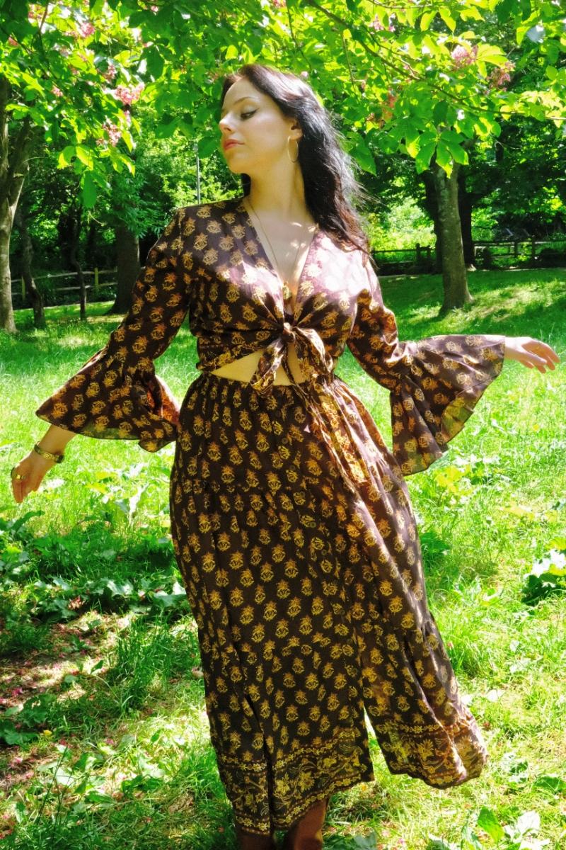 Sylvia Wrap Top in Saddle Brown Block Print Floral