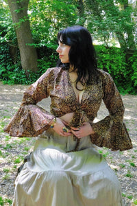 Sylvia Wrap Top in Umber Brown Block Print Floral