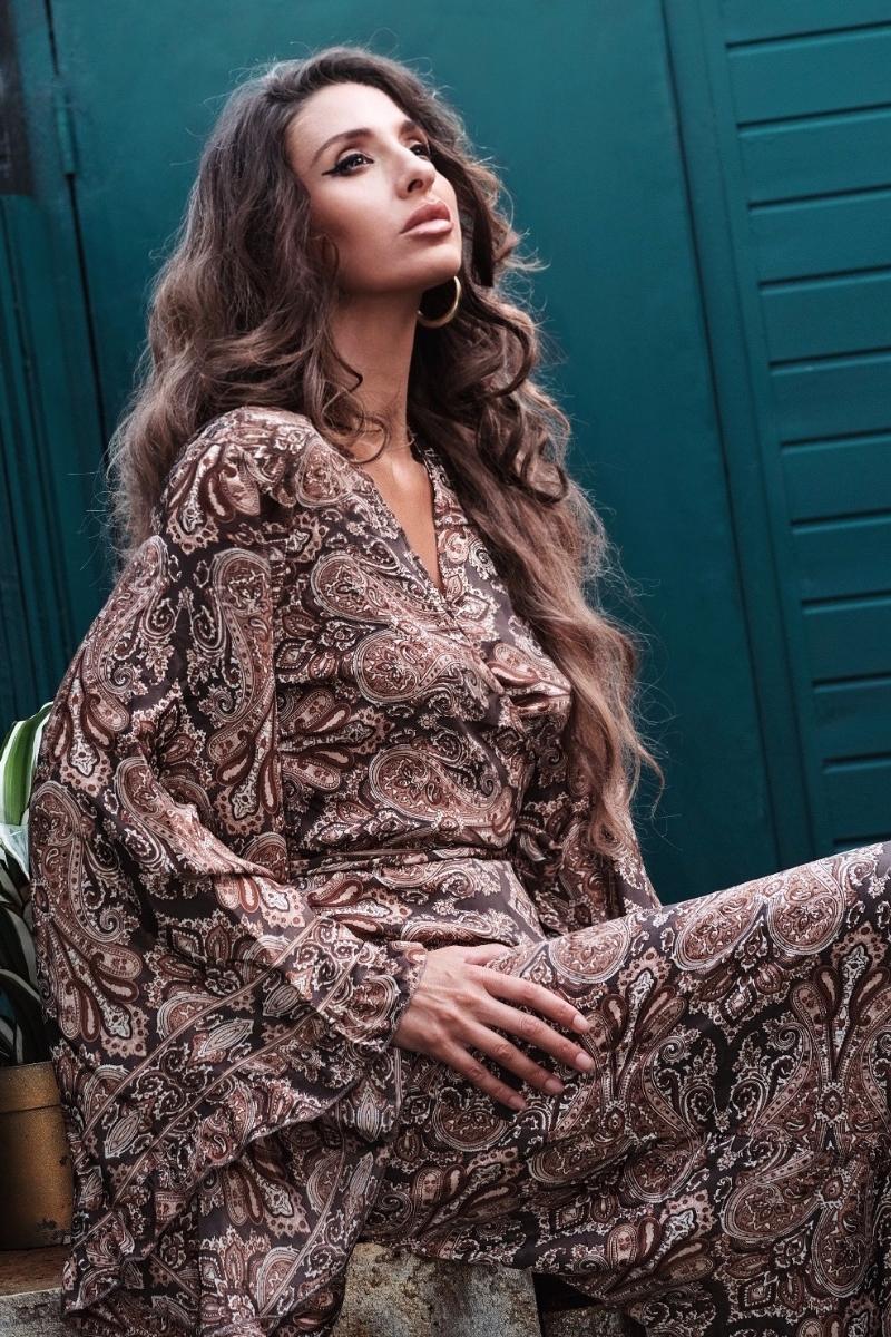 venus boho maxi dress VENUS MAXI Stunning V-Neck Bohemian Printed Silk Dress in Checkered Tangerine