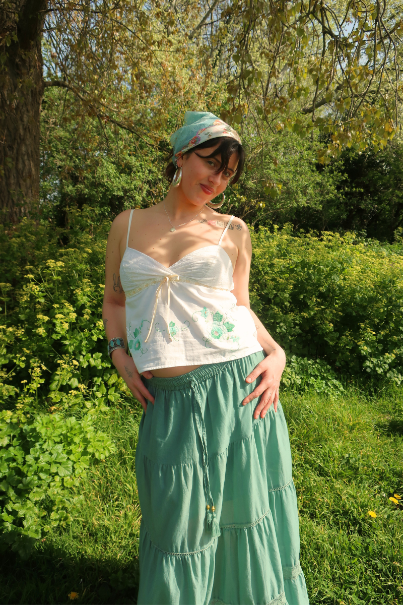 Babydoll Vintage Tablecloth Top in Mint Green Florals - Size XS