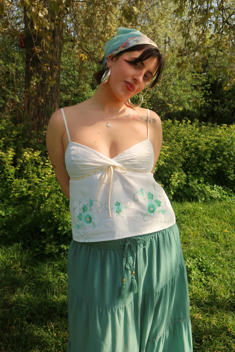 Babydoll Vintage Tablecloth Top in Mint Green Florals - Size XS