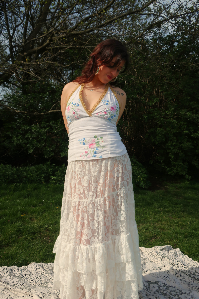 Babydoll Vintage Tablecloth Top in Blooming Wildflowers - Size XS