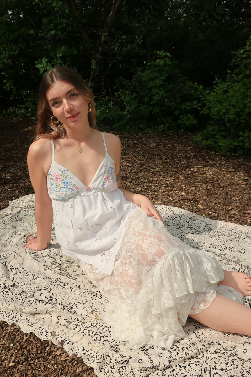 Babydoll Vintage Tablecloth Top in Persephone Flower Vase - Size XS/S