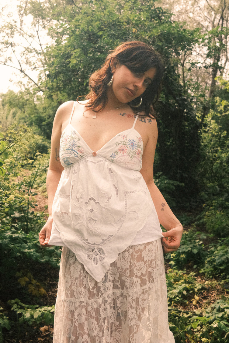 Babydoll Vintage Tablecloth Top in Persephone Flower Vase - Size XS/S