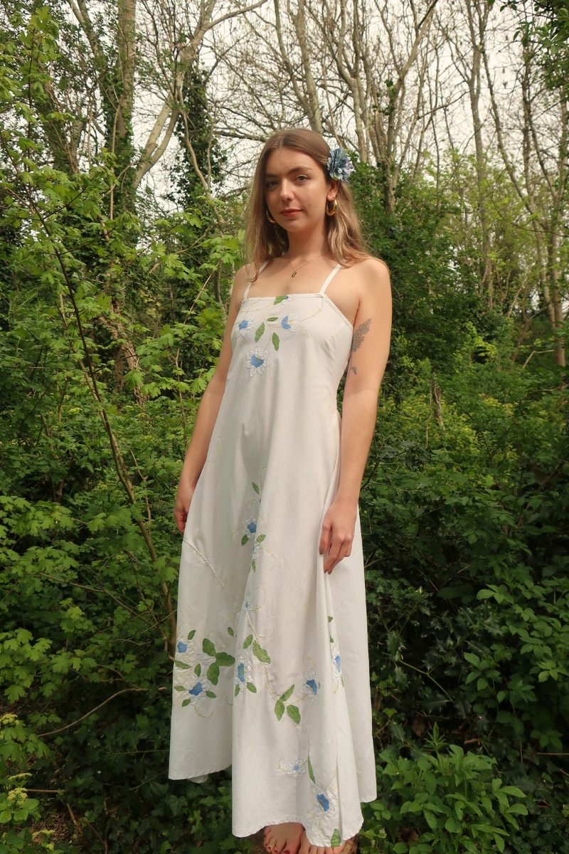 Juliet Vintage Tablecloth Maxi Dress in Moonlit Blue Lilies Embroidery