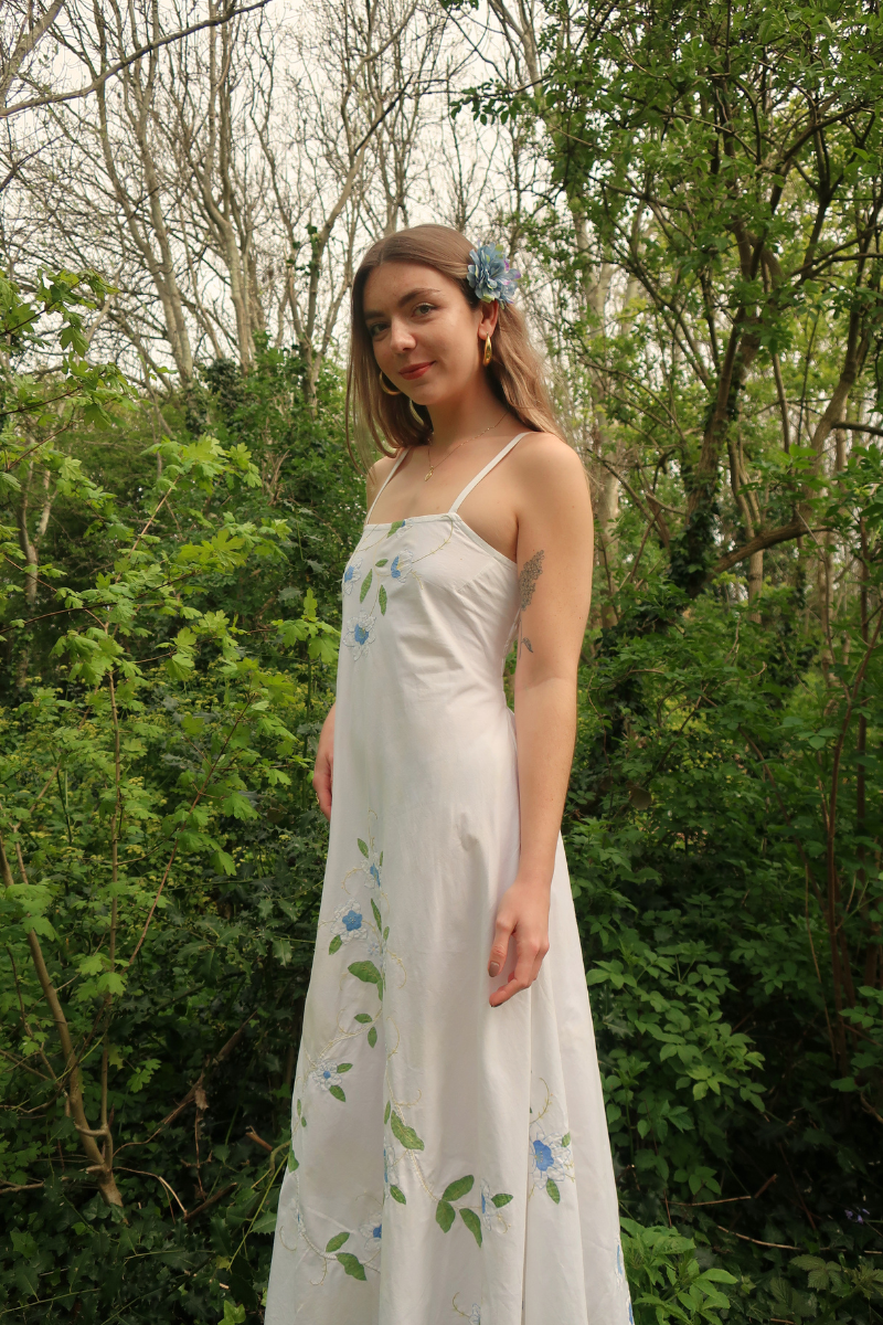 Juliet Vintage Tablecloth Maxi Dress in Moonlit Blue Lilies Embroidery