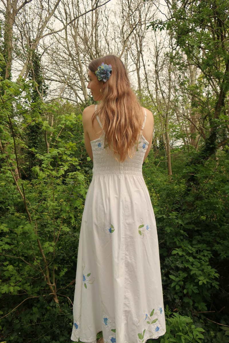 Juliet Vintage Tablecloth Maxi Dress in Moonlit Blue Lilies Embroidery