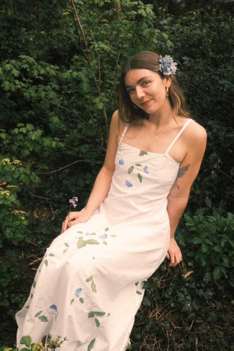 Juliet Vintage Tablecloth Maxi Dress in Moonlit Blue Lilies Embroidery