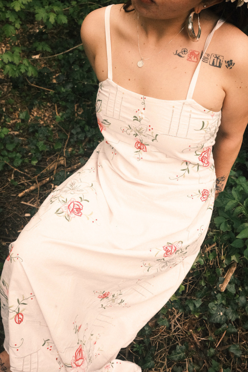Juliet Vintage Tablecloth Maxi Dress in Garden at the Heart of the Labyrinth