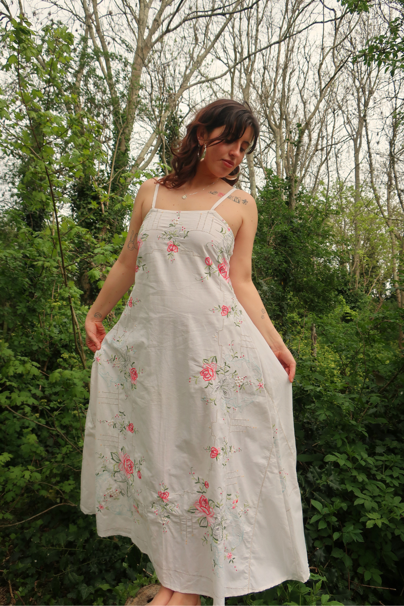 Juliet Vintage Tablecloth Maxi Dress in Garden at the Heart of the Labyrinth