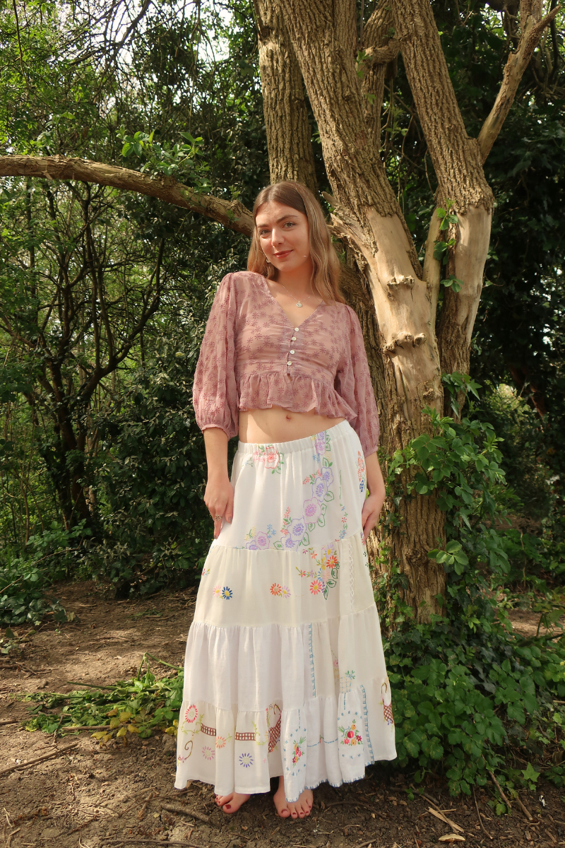 Adelaide Vintage Tablecloth Tiered Skirt in Nymph's Secret Garden