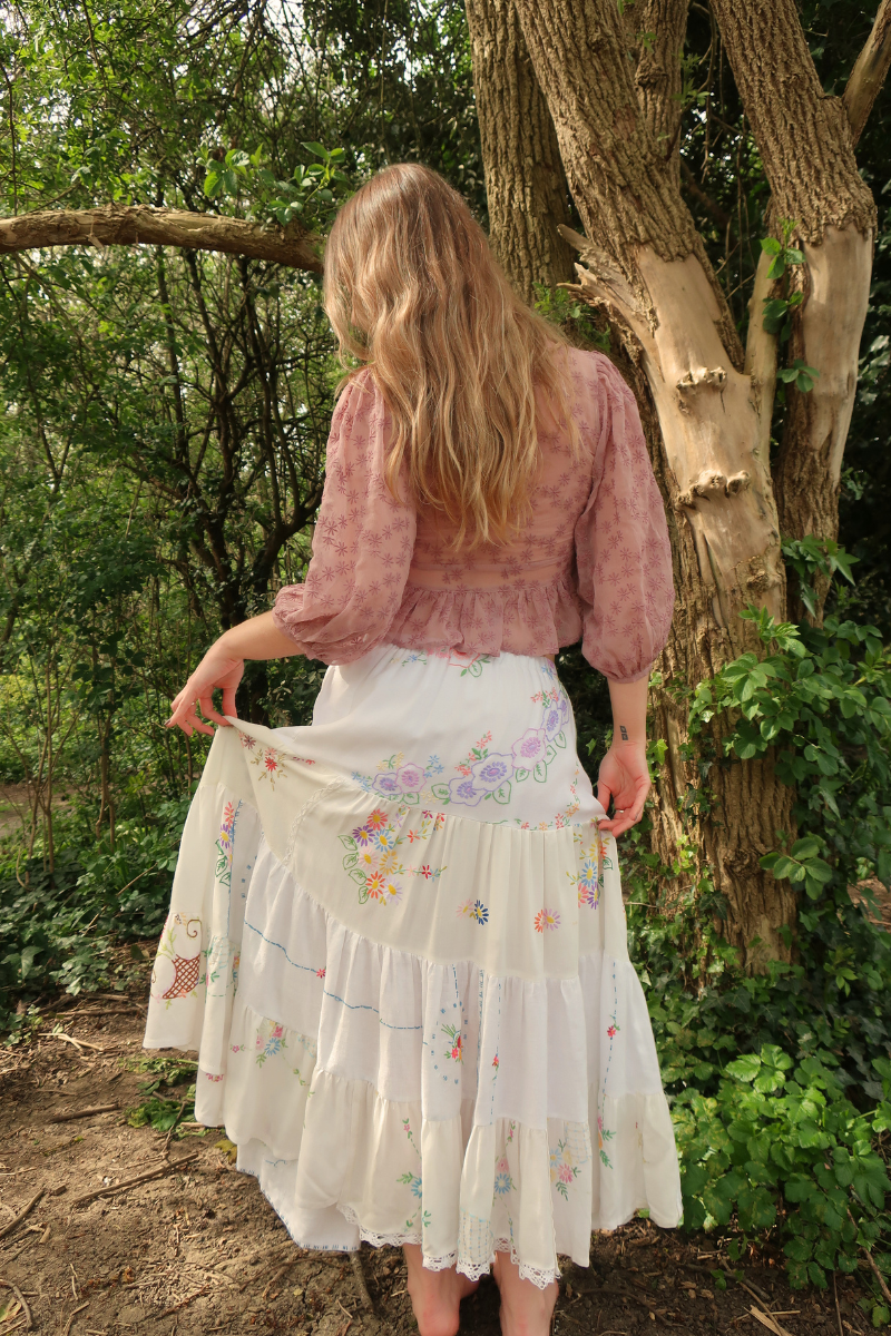 Adelaide Vintage Tablecloth Tiered Skirt in Nymph's Secret Garden