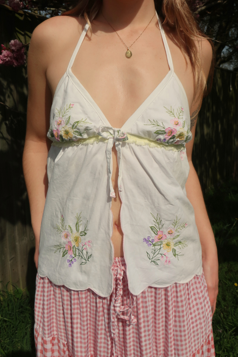 Babydoll Vintage Tablecloth Top in Lemon Spring Wildflowers - Size XS/S