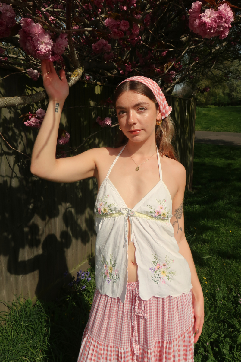 Babydoll Vintage Tablecloth Top in Lemon Spring Wildflowers - Size XS/S