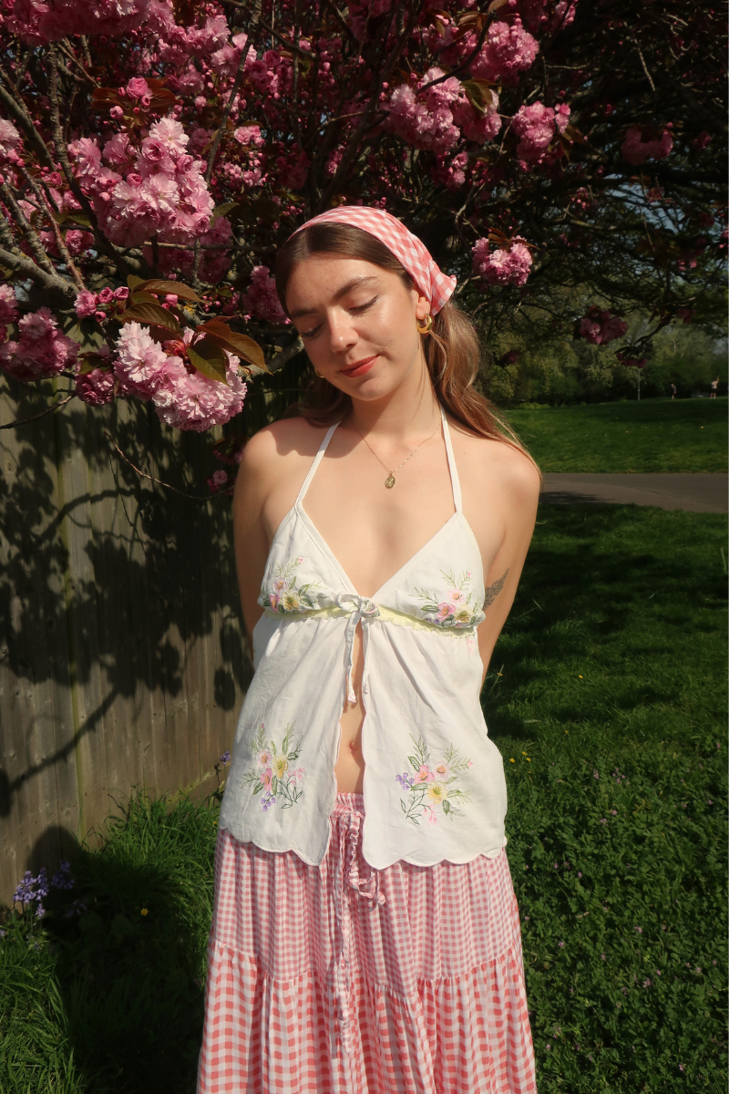 Babydoll Vintage Tablecloth Top in Lemon Spring Wildflowers - Size XS/S