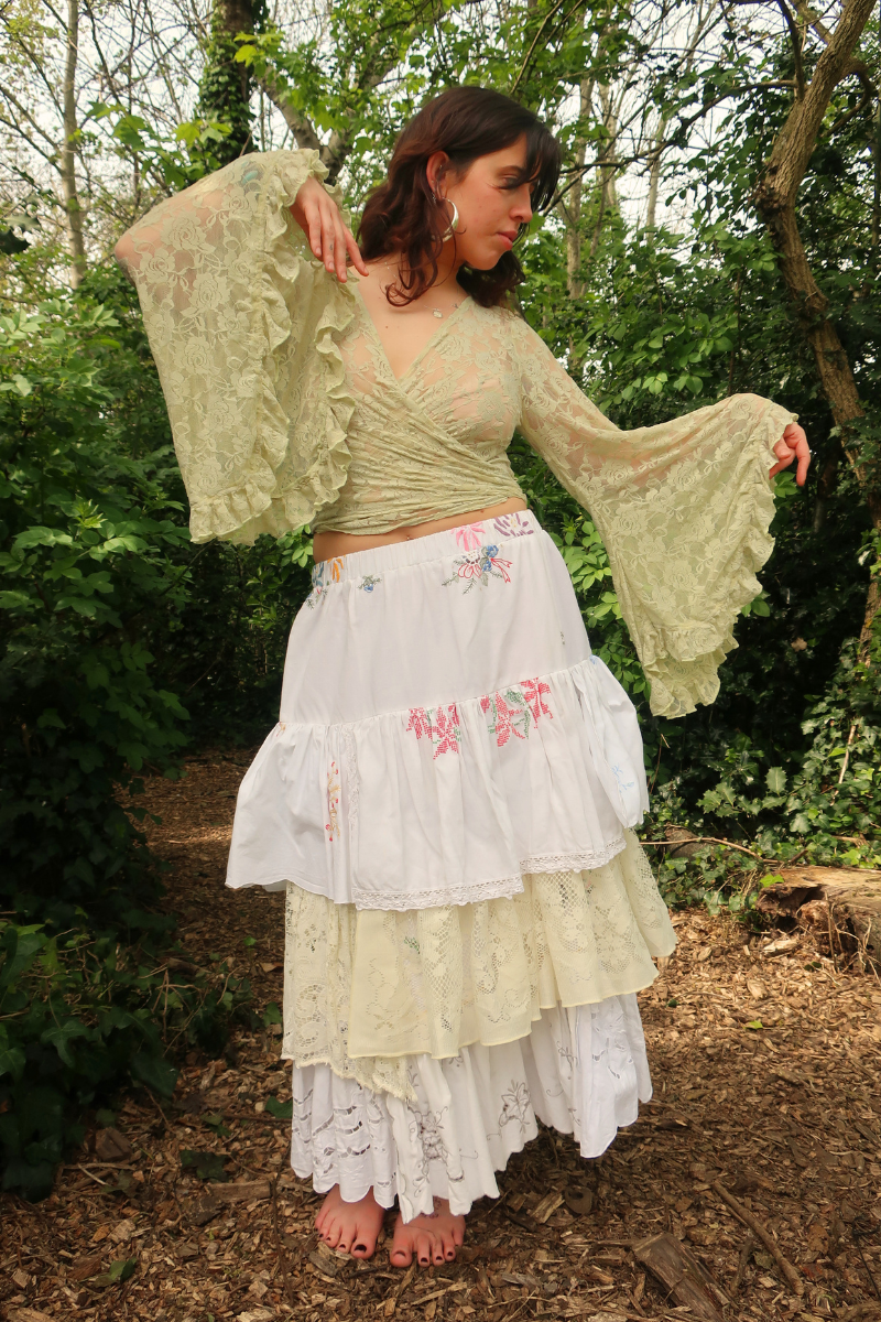 Wendy Vintage Tablecloth Flounce Skirt in Cottage Garden Flowers