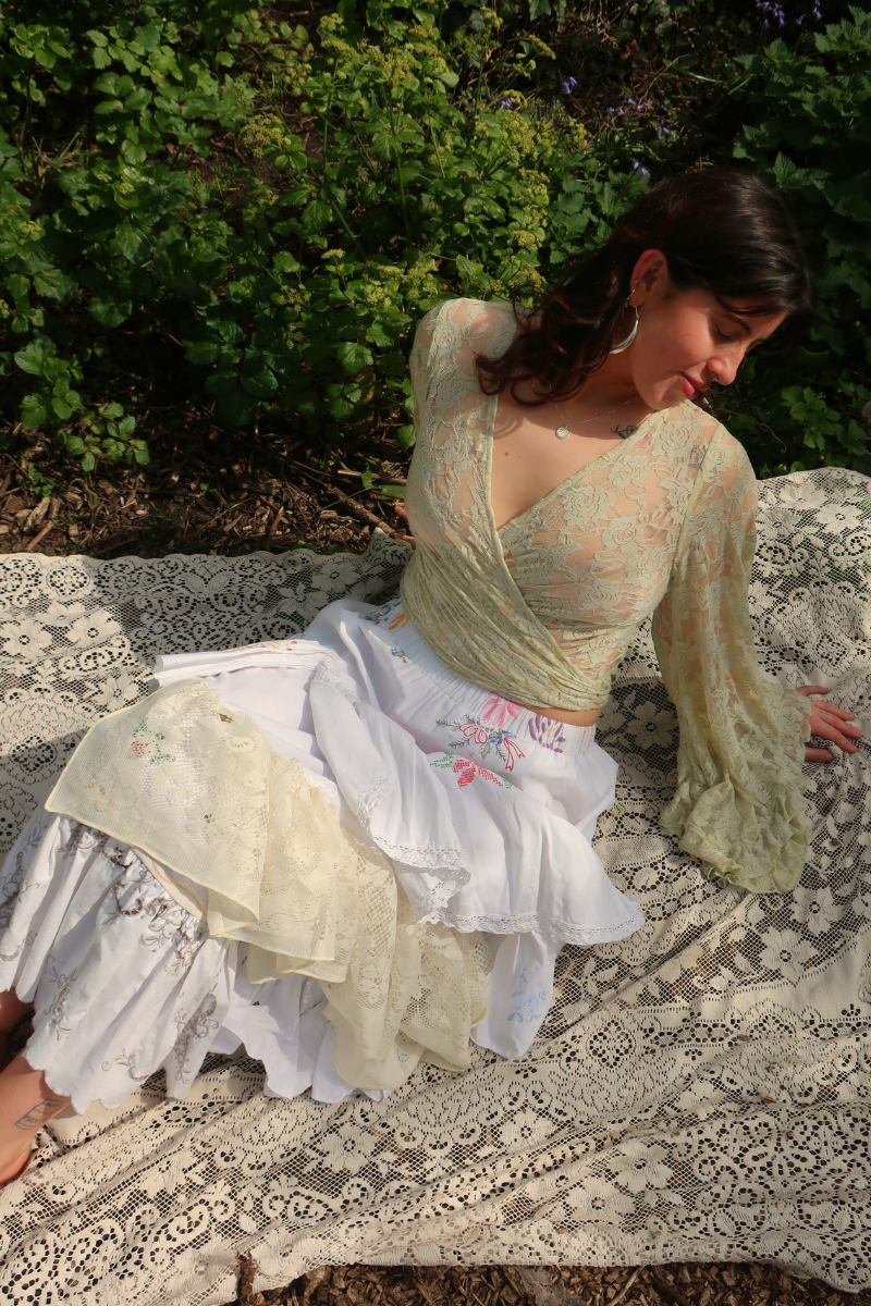 Wendy Vintage Tablecloth Flounce Skirt in Cottage Garden Flowers