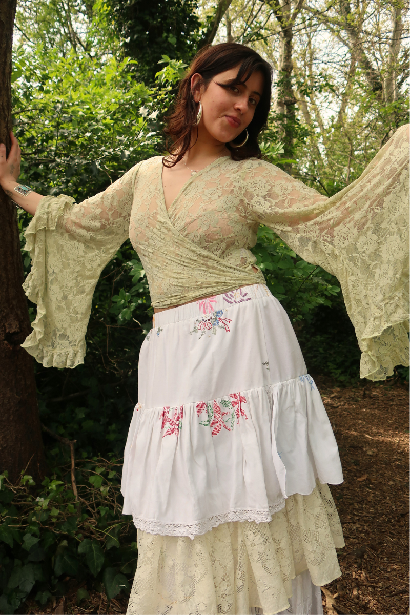 Wendy Vintage Tablecloth Flounce Skirt in Cottage Garden Flowers