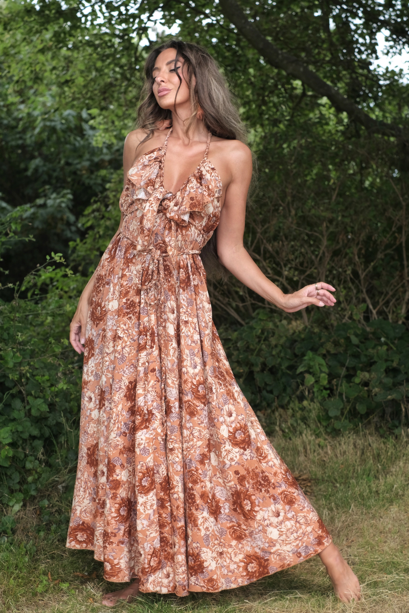Delphi Braided Halter Maxi Dress in Terracotta Blush Floral