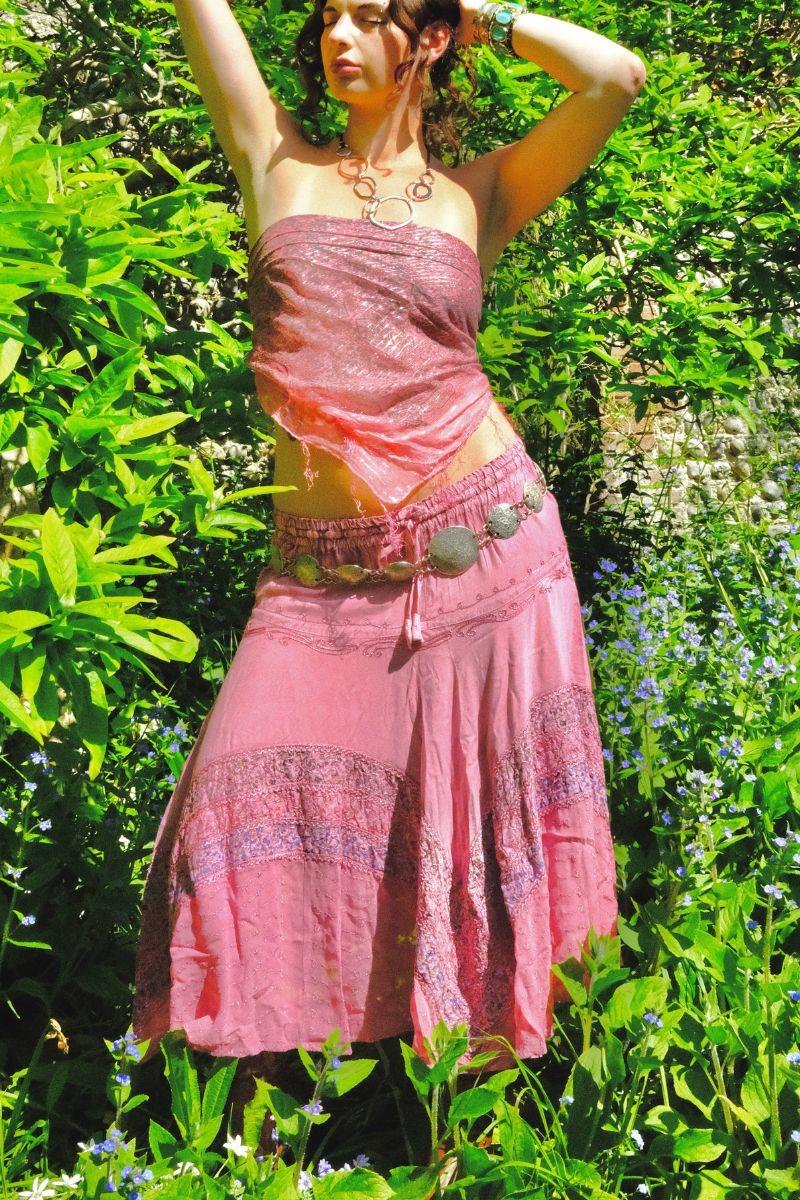 Embroidered A-Line Midi Skirt in Heather Pink - Free Size