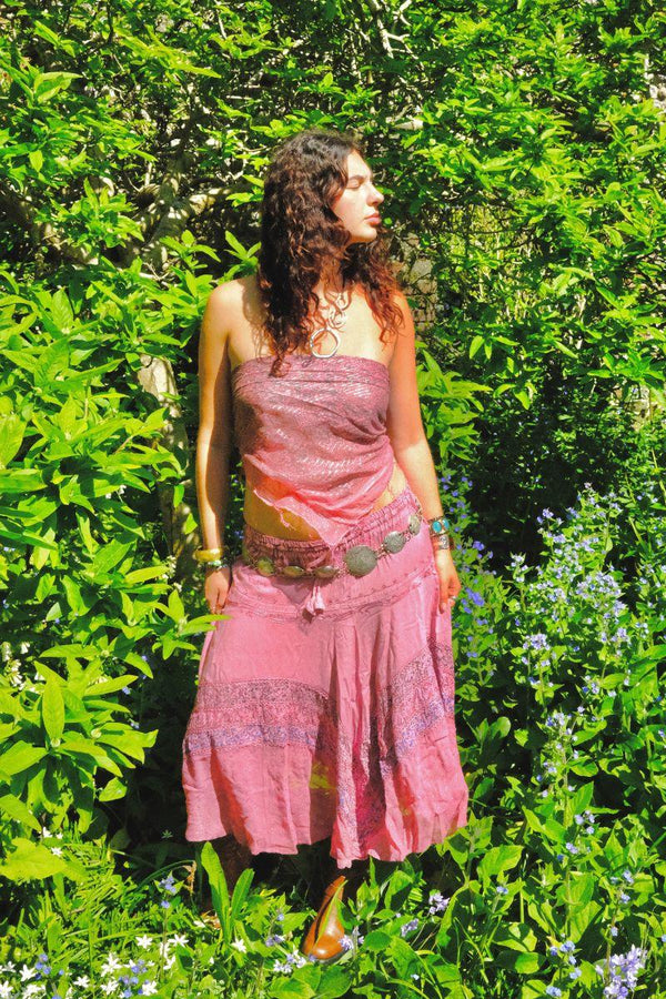 Embroidered A-Line Midi Skirt in Heather Pink - Free Size
