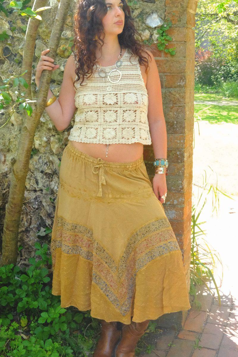 Embroidered A-Line Midi Skirt in Honey Beige - Free Size