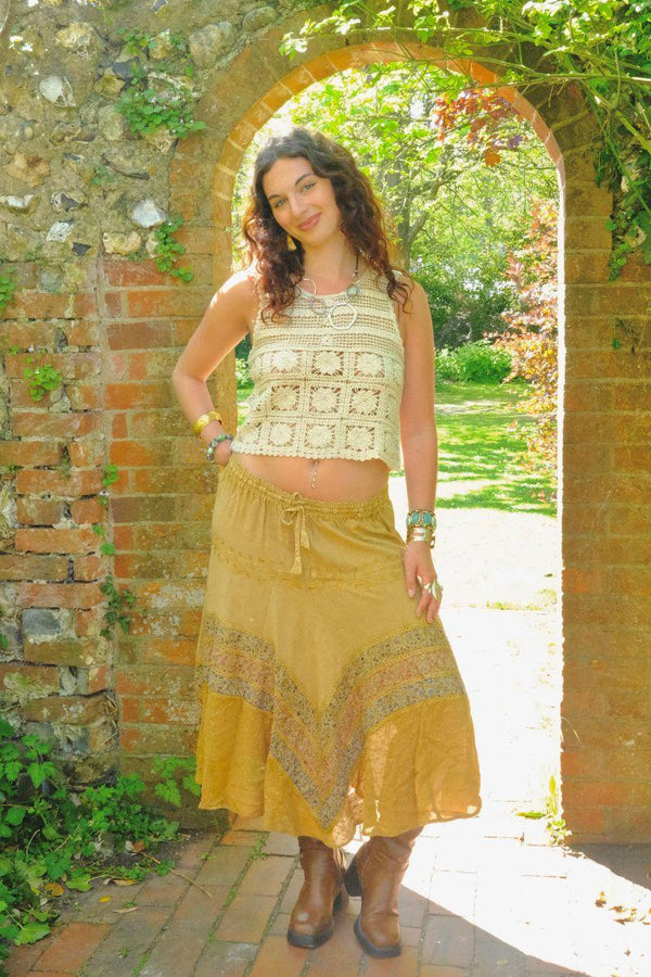 Embroidered A-Line Midi Skirt in Honey Beige - Free Size
