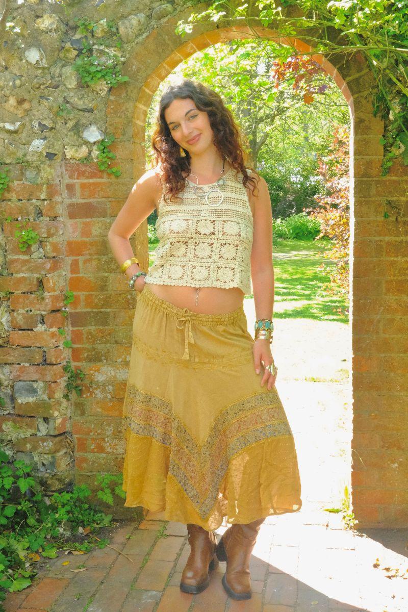 Embroidered A-Line Midi Skirt in Honey Beige - Free Size
