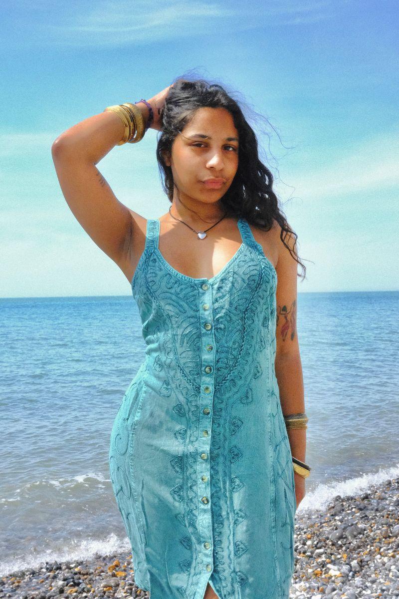 Embroidered Button-Up Mini Slip Dress in Calypso Blue