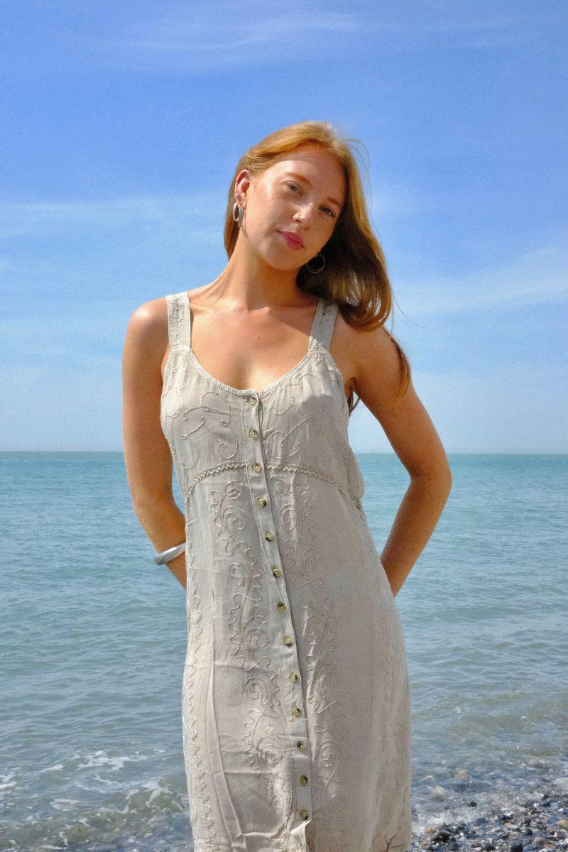 Embroidered Button-Up Mini Slip Dress in Maple White - Free Size