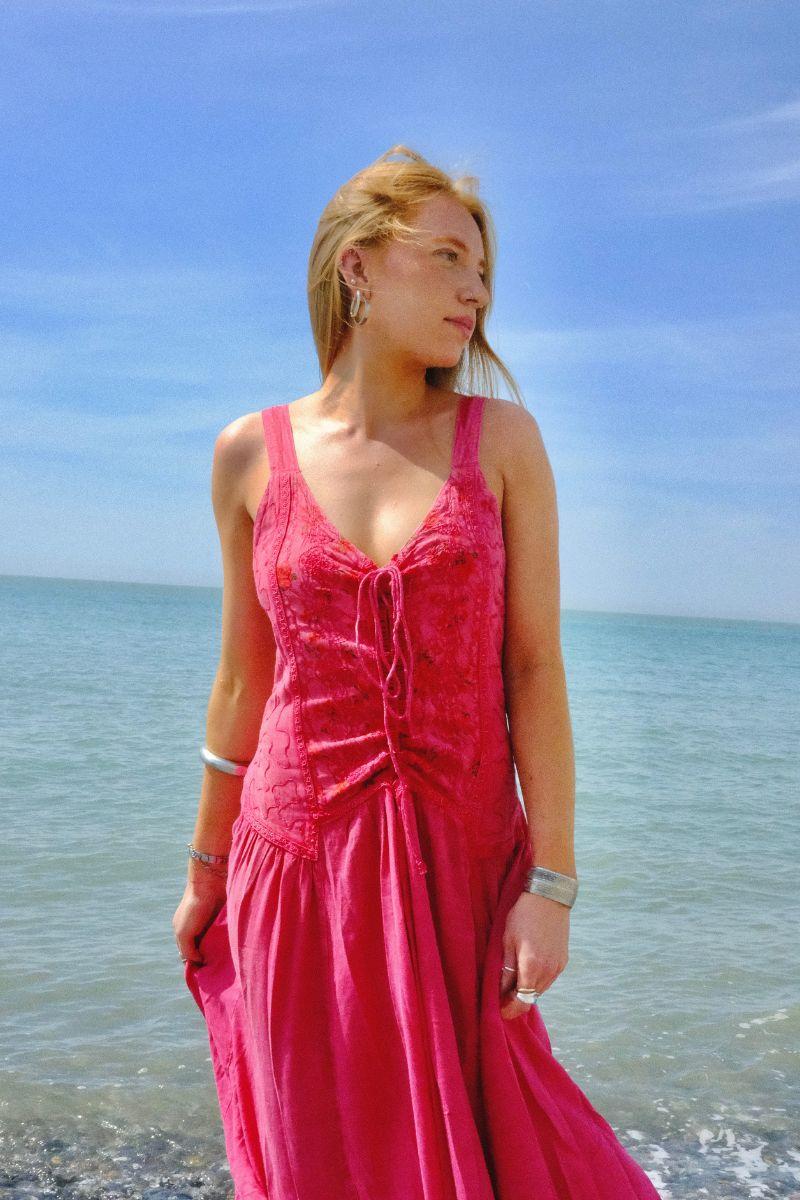 Embroidered Corset Maxi in Berry Pink Floral - Free Size
