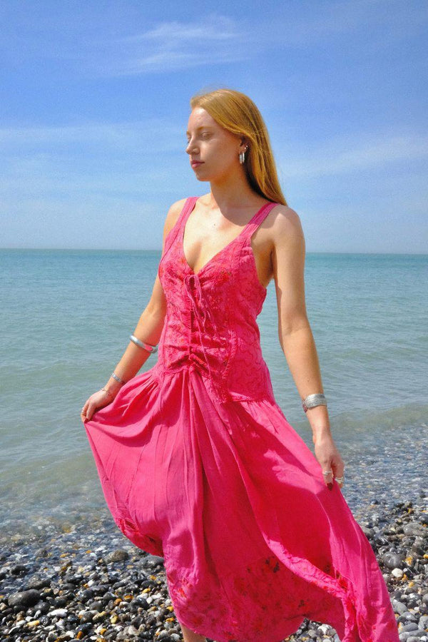 Embroidered Corset Maxi in Berry Pink Floral - Free Size