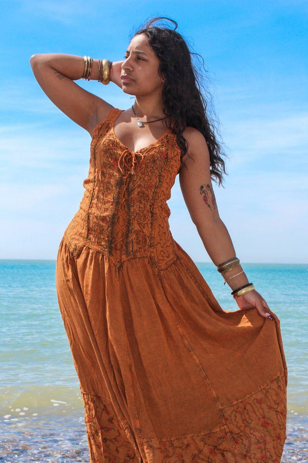 Embroidered Corset Maxi in Burnt Orange Floral - Free Size