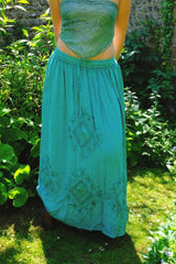 Embroidered Drawstring Maxi Skirt in Calypso Blue - Free Size