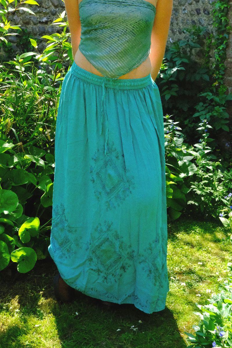 Embroidered Drawstring Maxi Skirt in Calypso Blue - Free Size