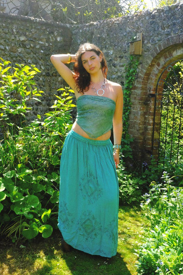 Embroidered Drawstring Maxi Skirt in Calypso Blue - Free Size